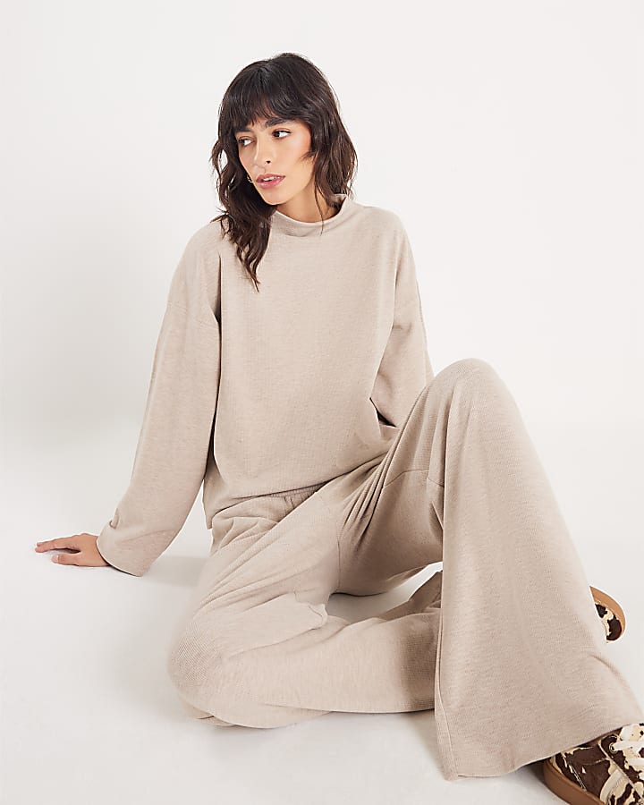 Beige Brushed Wide Leg Trousers