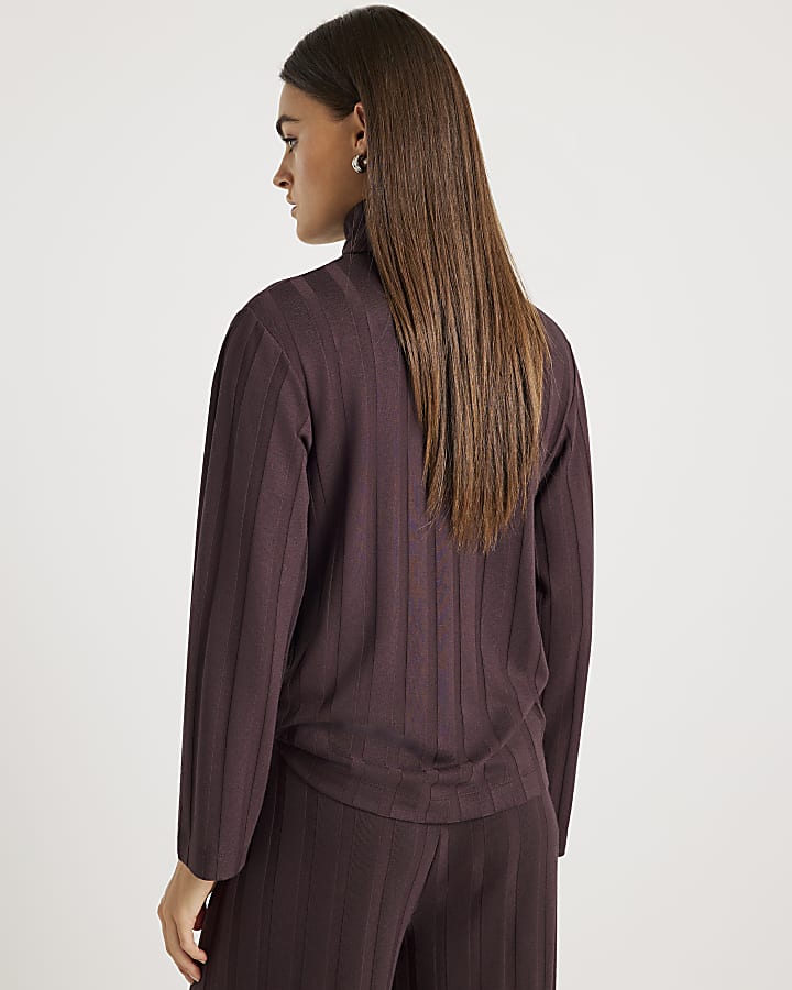 Brown Long Sleeve Wide Ribbed Top