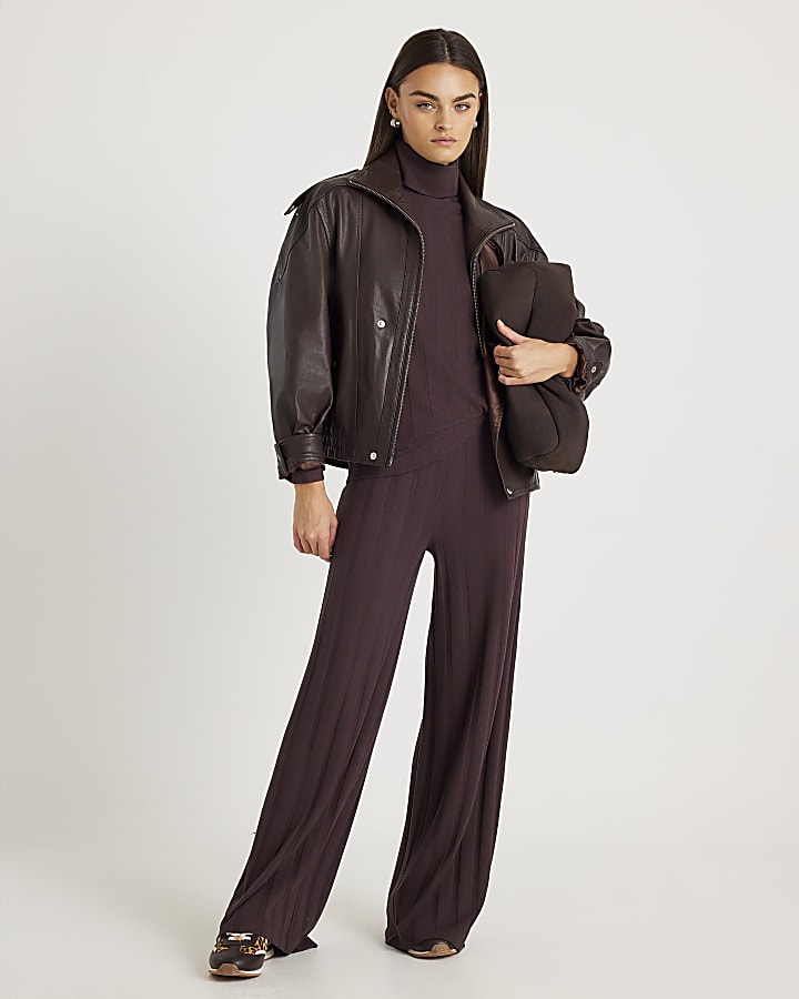 Brown Long Sleeve Wide Ribbed Top