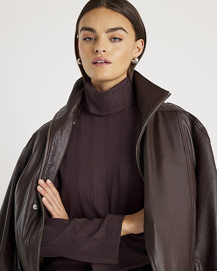 Brown Long Sleeve Wide Ribbed Top