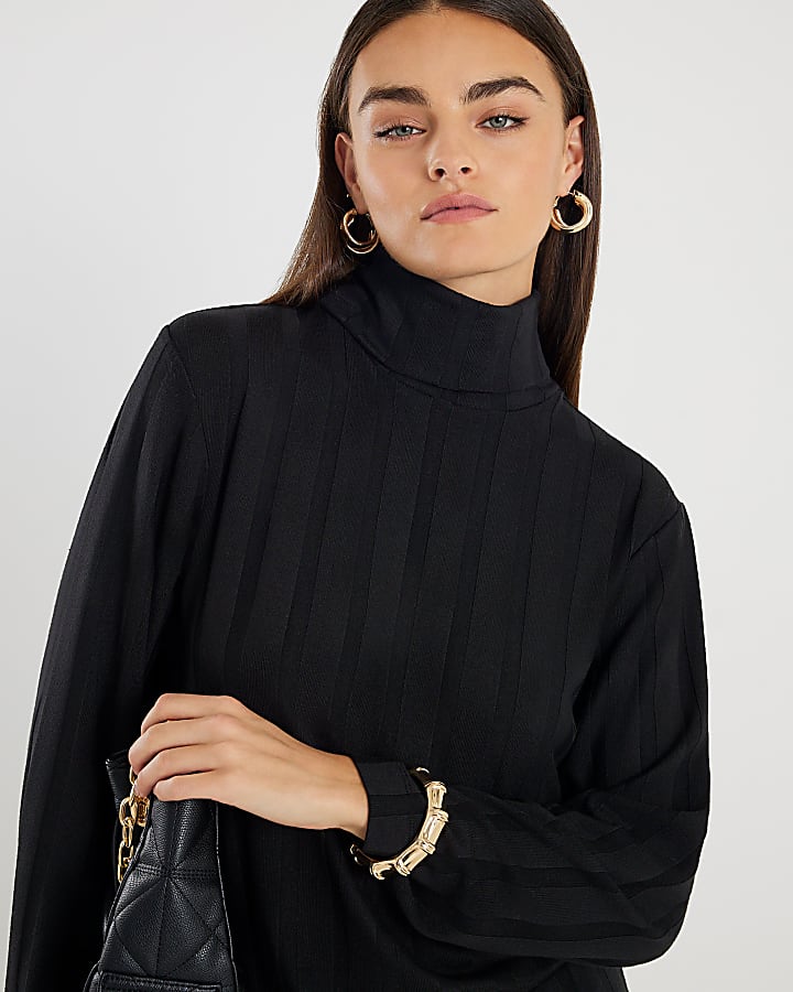 Black Long Sleeve Cosy Wide Ribbed Top