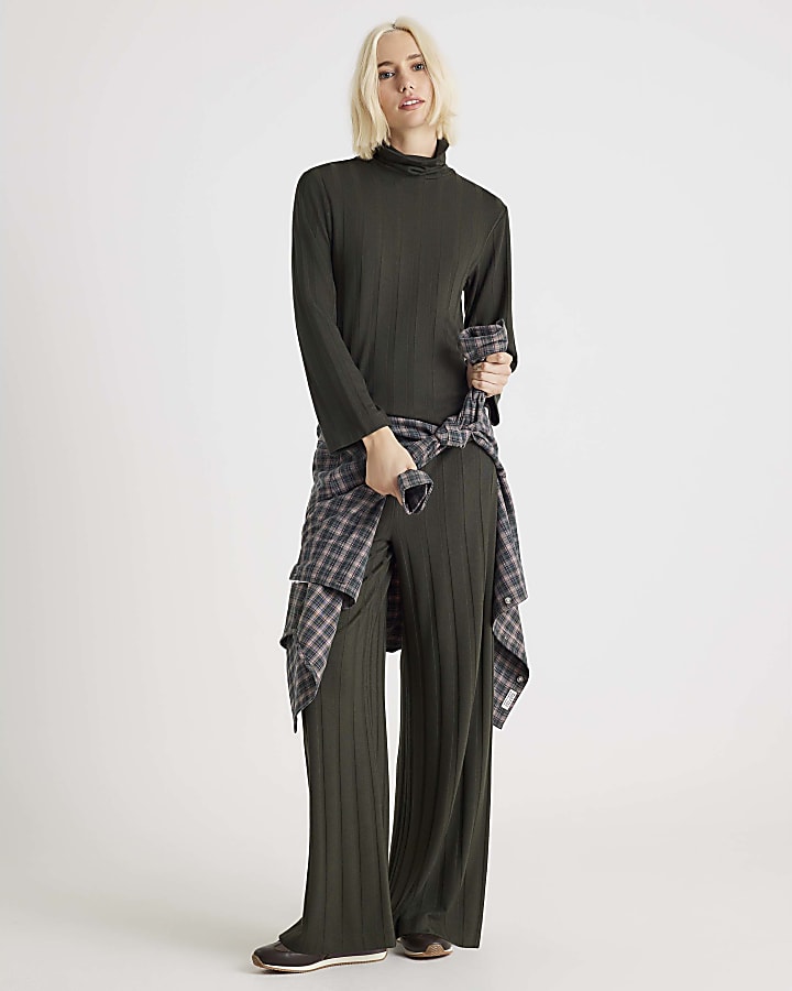 Green Wide Ribbed Trousers