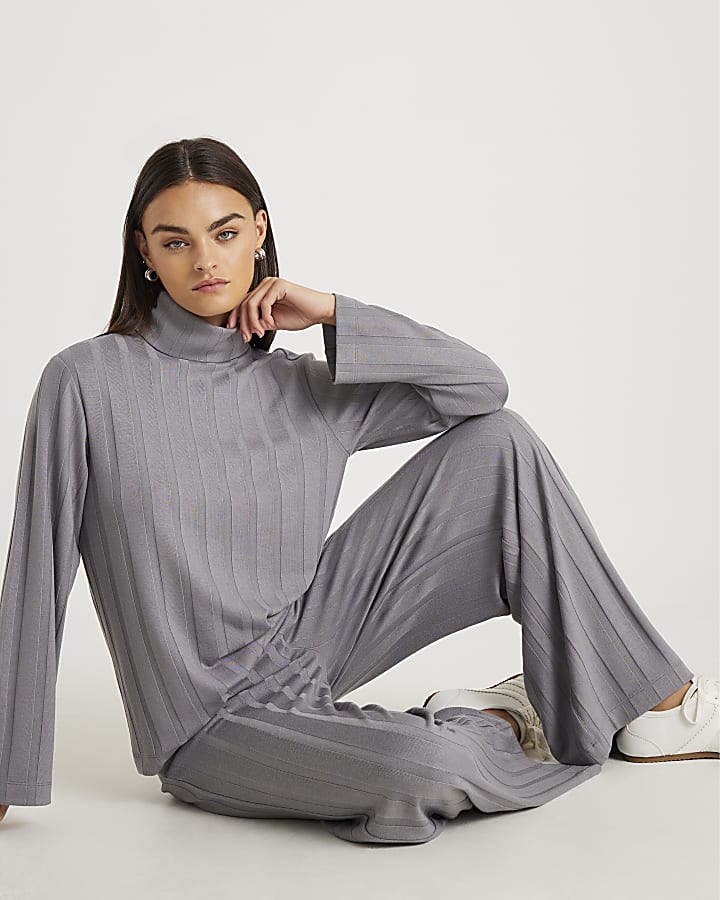 Grey Cosy Wide Ribbed Trousers
