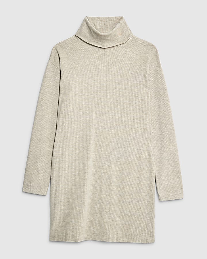 Beige Long Sleeve Cosy High Neck Mini Dress