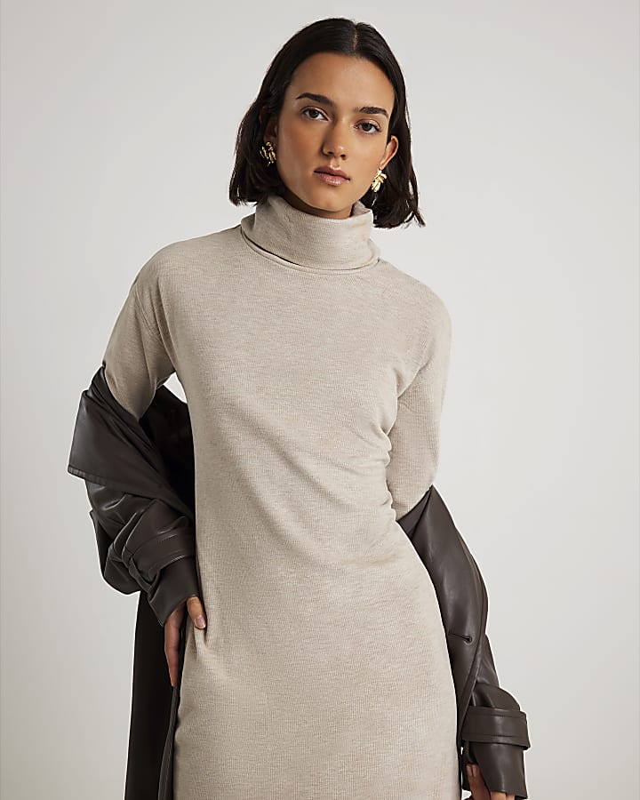 Beige Long Sleeve Cosy High Neck Mini Dress