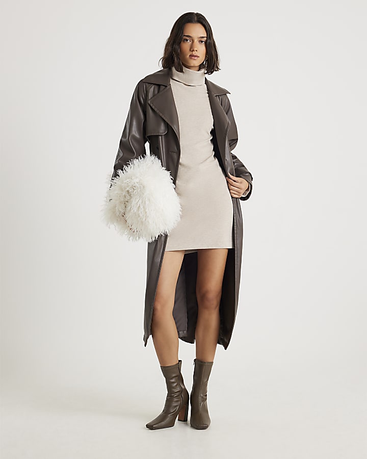 Beige Long Sleeve Cosy High Neck Mini Dress