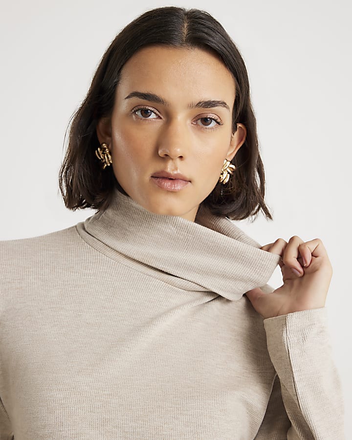 Beige Long Sleeve Cosy High Neck Mini Dress