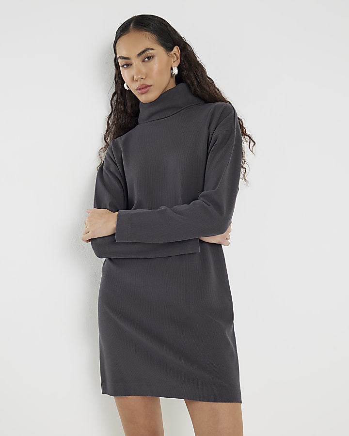 Grey Cosy Long Sleeve High Neck Mini Dress