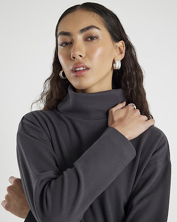 Grey Cosy Long Sleeve High Neck Mini Dress