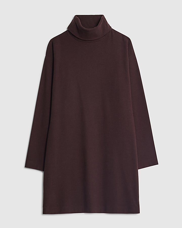Brown Cosy Long Sleeve High Neck Mini Dress