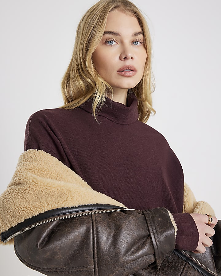 Brown Cosy Long Sleeve High Neck Mini Dress