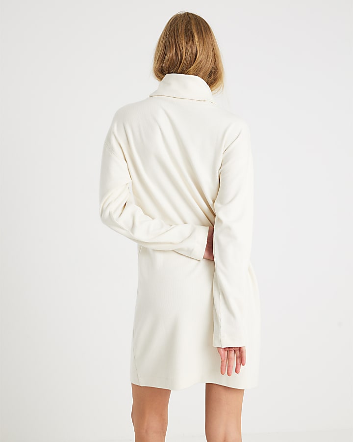 Cream Long Sleeve High Neck Mini Dress
