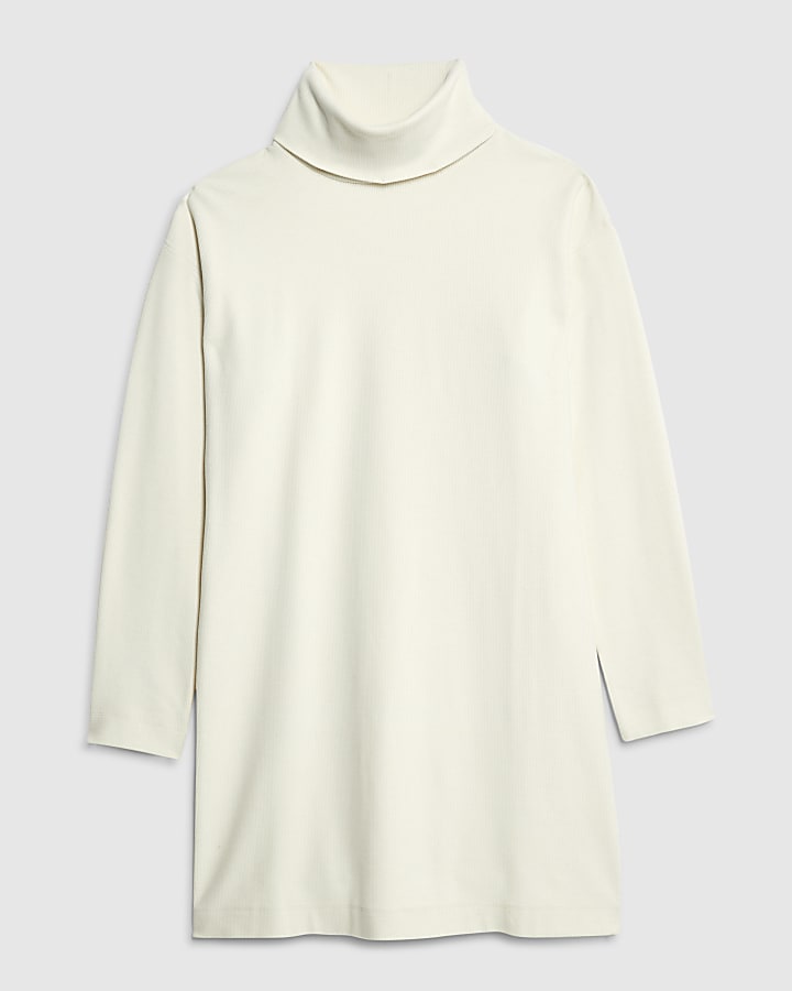 Cream Long Sleeve High Neck Mini Dress