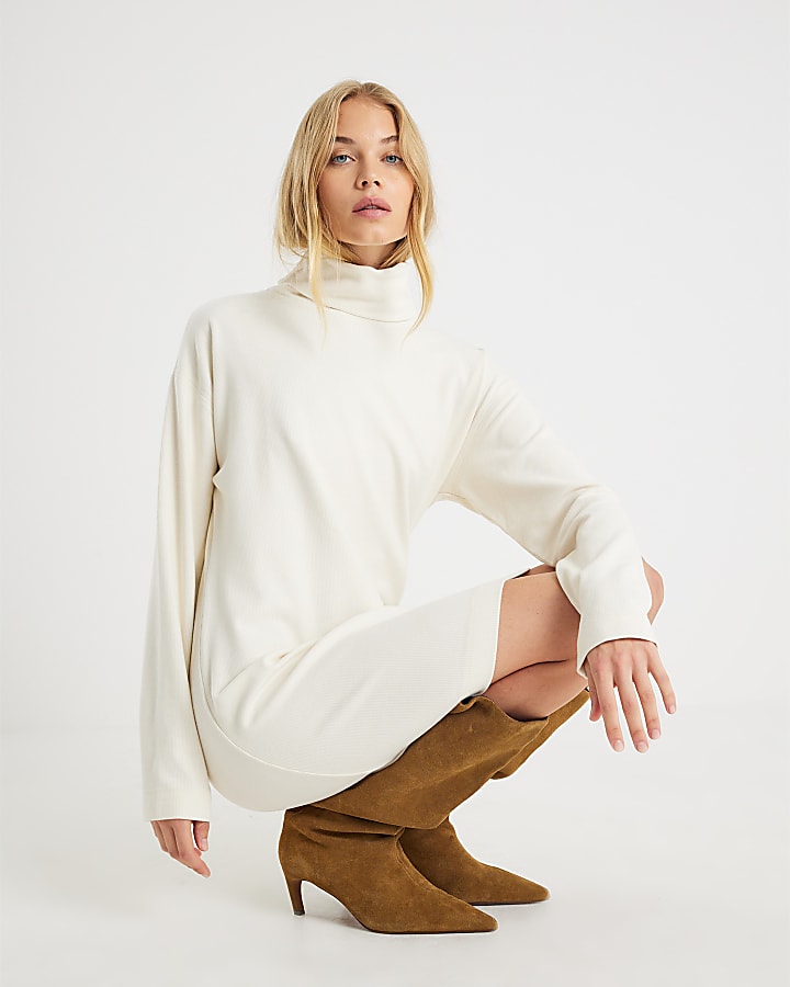 Cream Long Sleeve High Neck Mini Dress