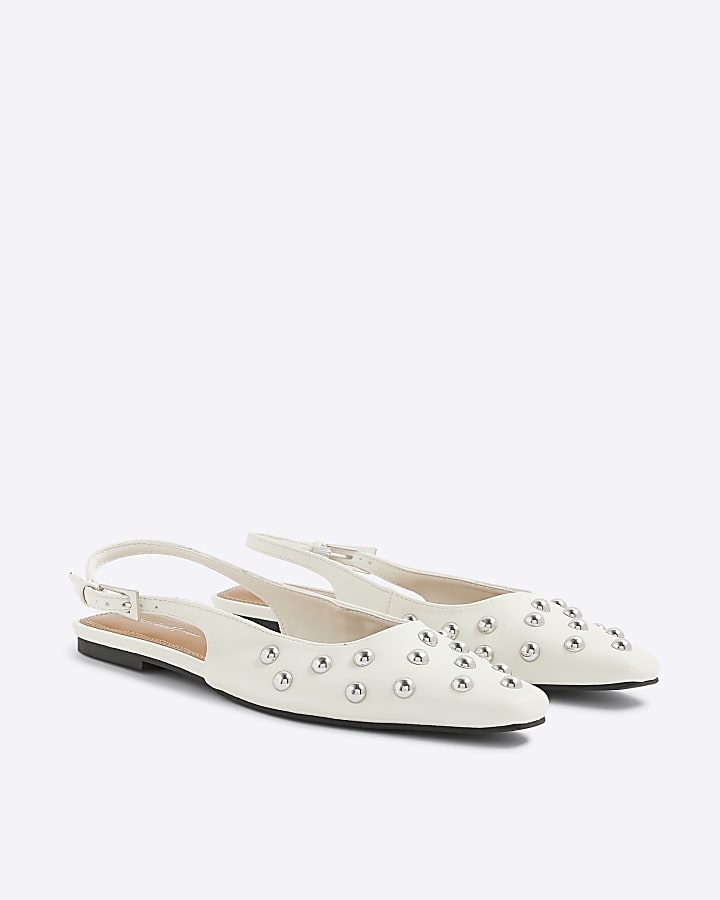 White Slingback Chisel Toe Studded Shoes