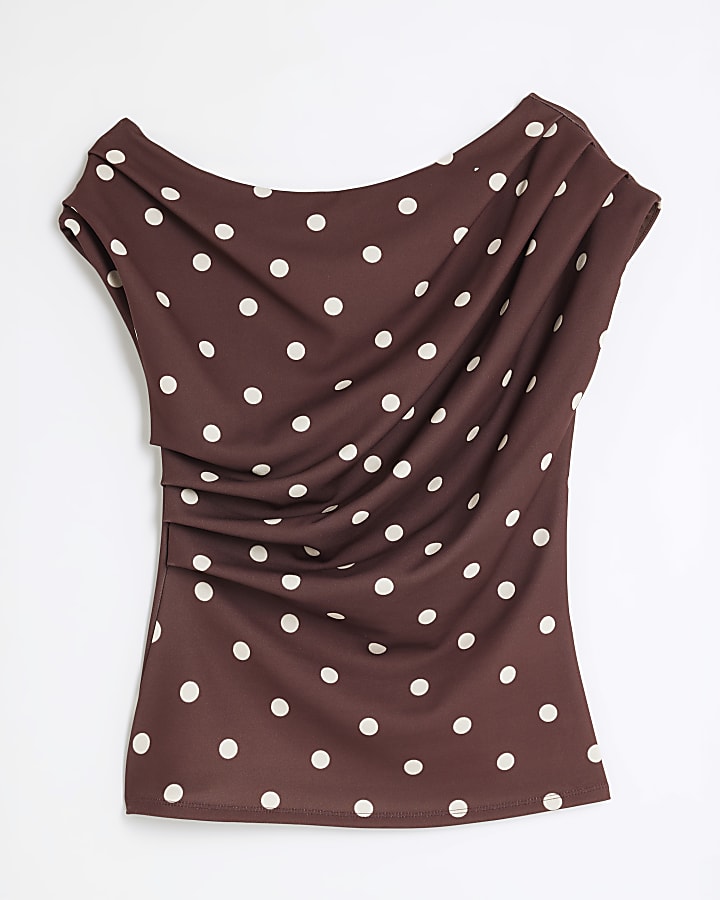 Brown Polka Dot Short Sleeve Drape Top