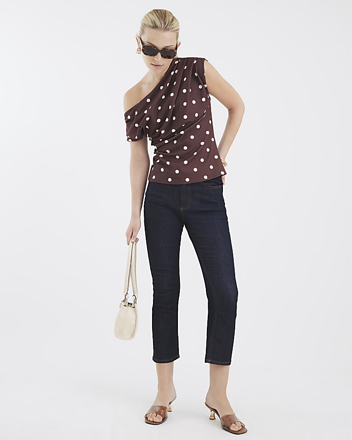 Brown Polka Dot Short Sleeve Drape Top