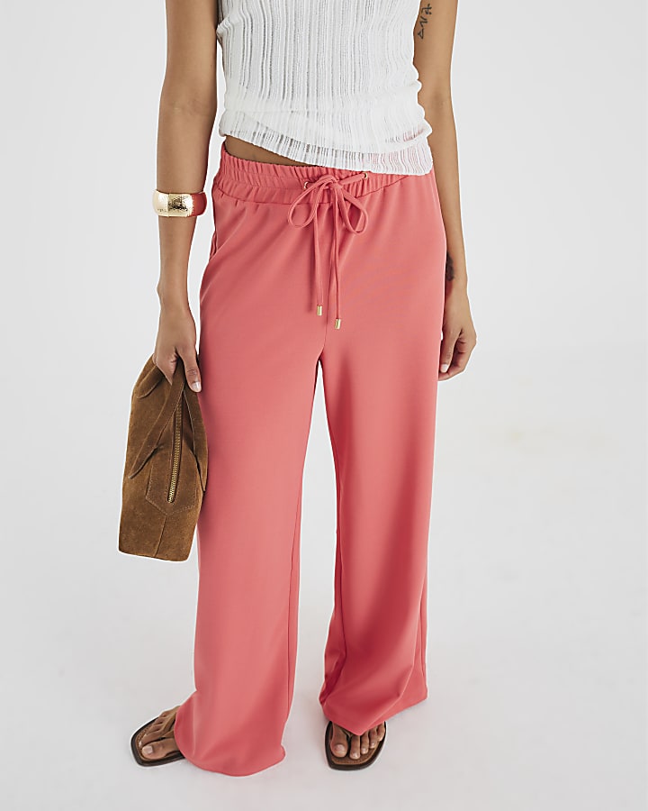 Coral Drawstring Wide Leg Trousers