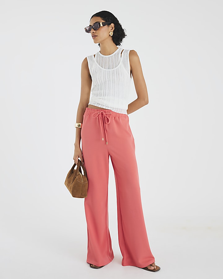 Coral Drawstring Wide Leg Trousers