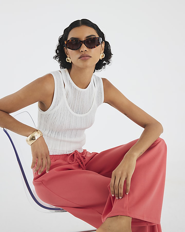 Coral Drawstring Wide Leg Trousers