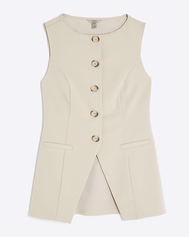 Beige Sleeveless Boat Neck Waistcoat