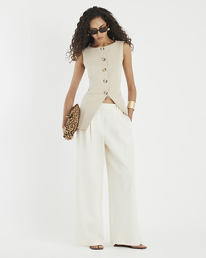 Beige Sleeveless Boat Neck Waistcoat