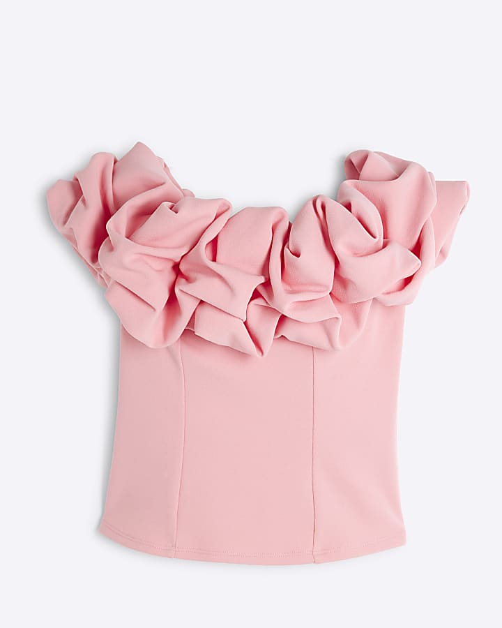 Pink Short Sleeve Ruffle Bardot Top