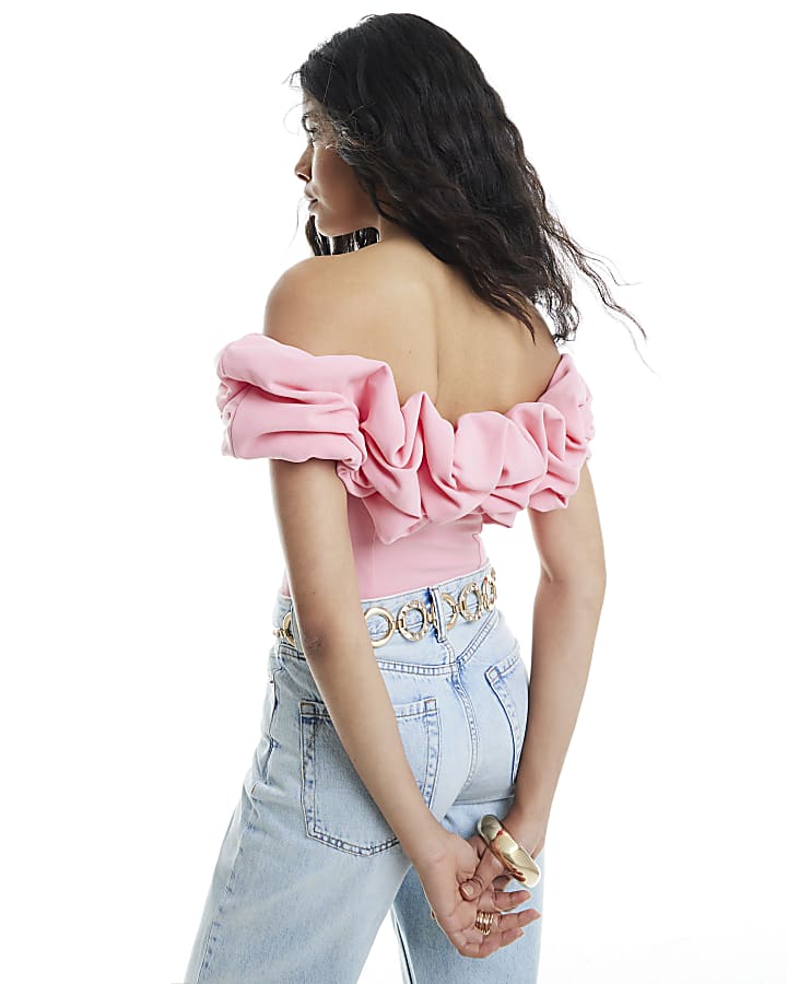 Pink Short Sleeve Ruffle Bardot Top