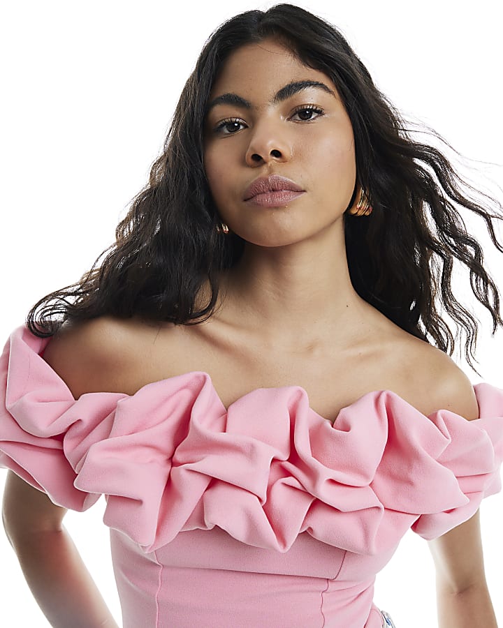 Pink Short Sleeve Ruffle Bardot Top