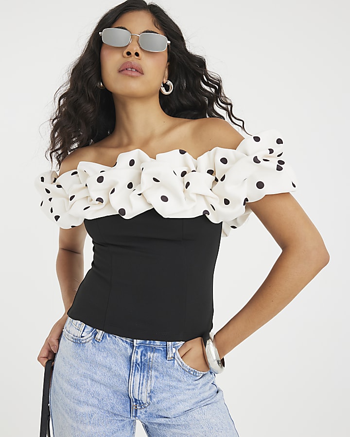Black Polka Dot Ruffle Bardot Top