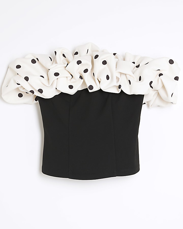 Black Polka Dot Ruffle Bardot Top