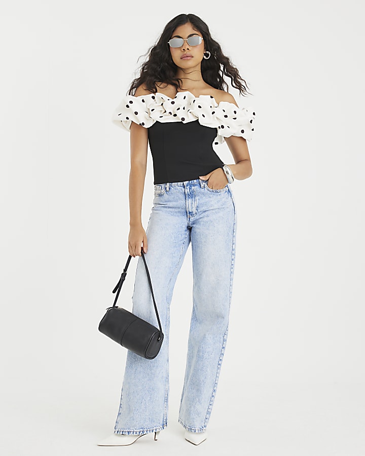 Black Polka Dot Ruffle Bardot Top