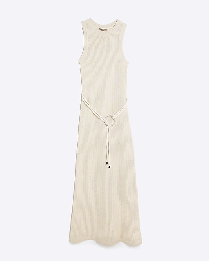 Cream Sleeveless Textured Belted Midi Dress