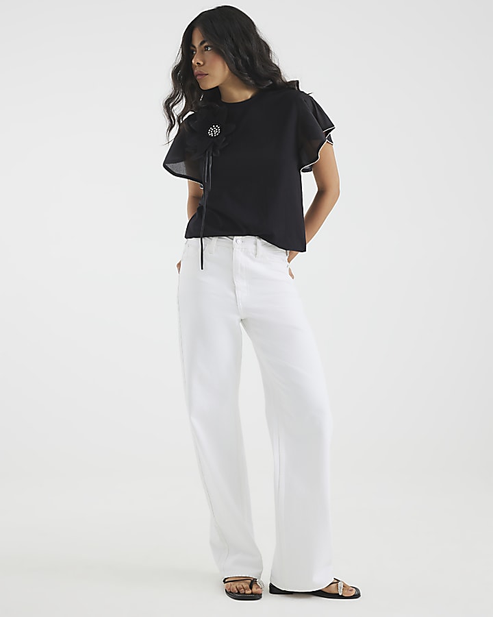 Black Short Sleeve Diamante Flower T-Shirt