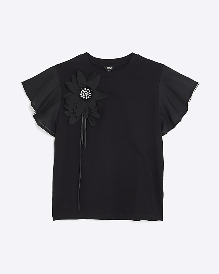 Black Short Sleeve Diamante Flower T-Shirt