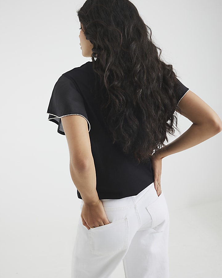 Black Short Sleeve Diamante Flower T-Shirt