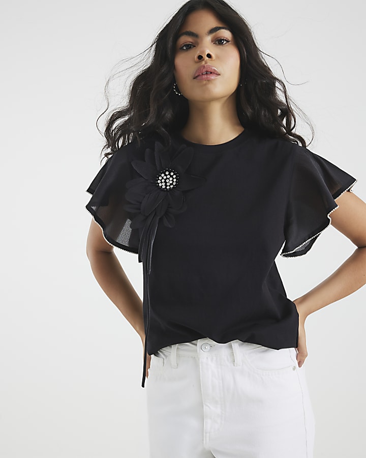 Black Short Sleeve Diamante Flower T-Shirt