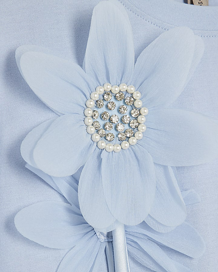 Blue Short Sleeve Diamante Flower T-Shirt
