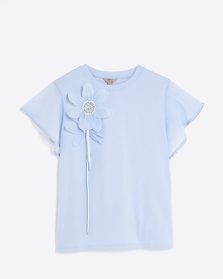 Blue Short Sleeve Diamante Flower T-Shirt