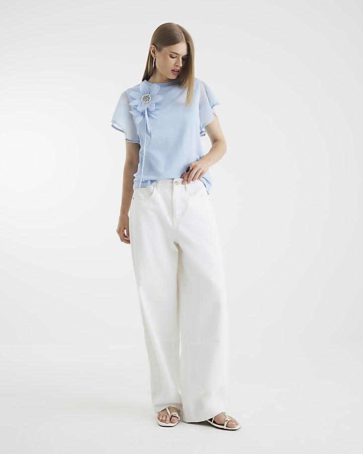 Blue Short Sleeve Diamante Flower T-Shirt