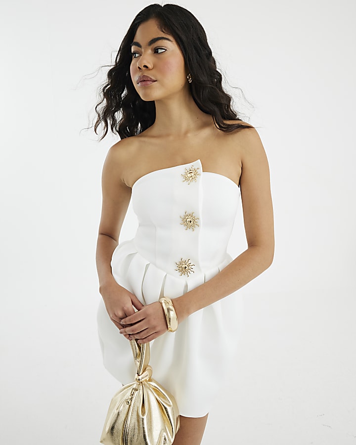 White Sleeveless Bandeau Button Mini Dress