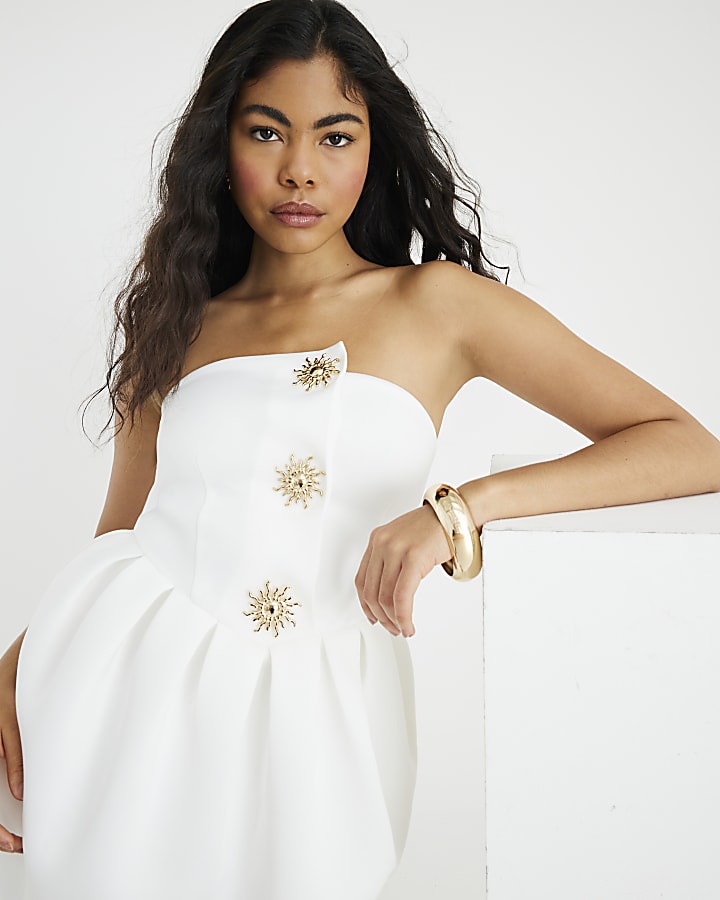 White Sleeveless Bandeau Button Mini Dress