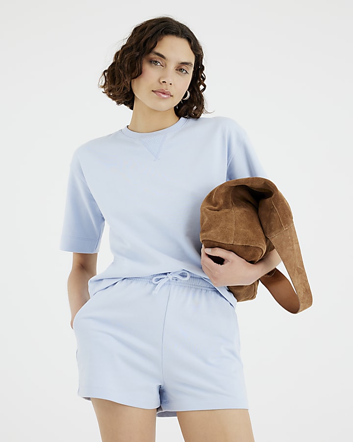 Blue Short Sleeve Ribbed Panel T-shirt