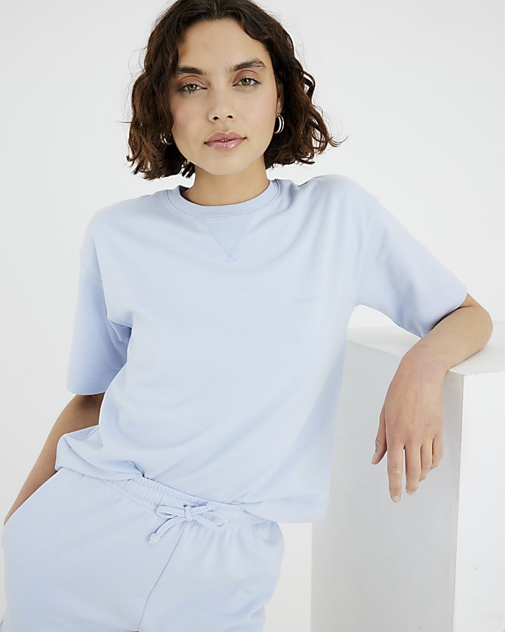 Blue Short Sleeve Ribbed Panel T-shirt