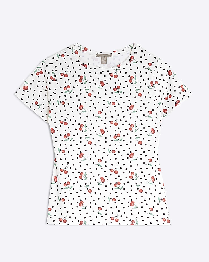 White Short Sleeve Polka Dot Cherry T-shirt