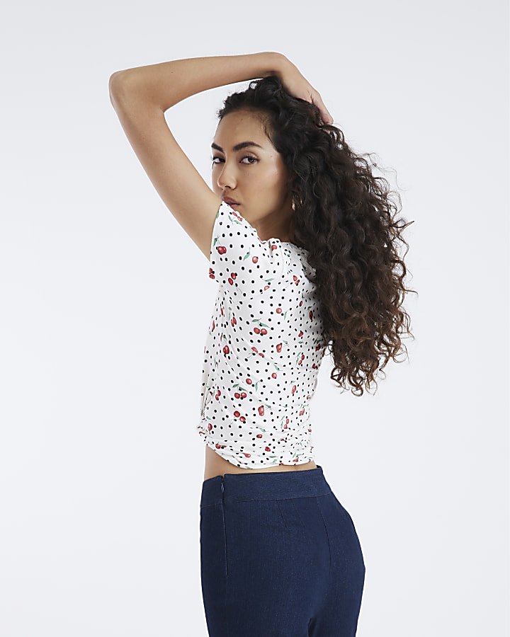 White Short Sleeve Polka Dot Cherry T-shirt