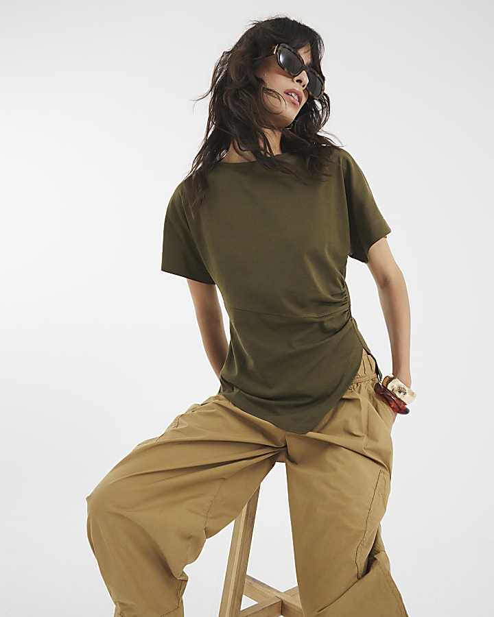 Khaki Short Sleeve Drape Side T-shirt