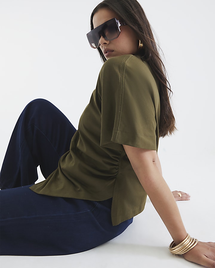 Khaki Short Sleeve Drape Side T-shirt