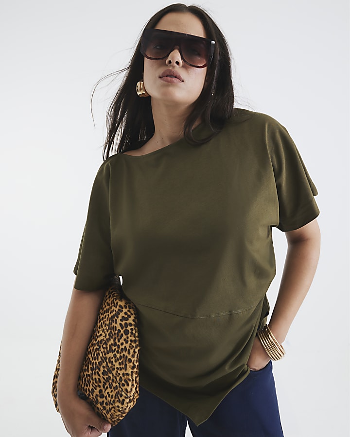 Khaki Short Sleeve Drape Side T-shirt