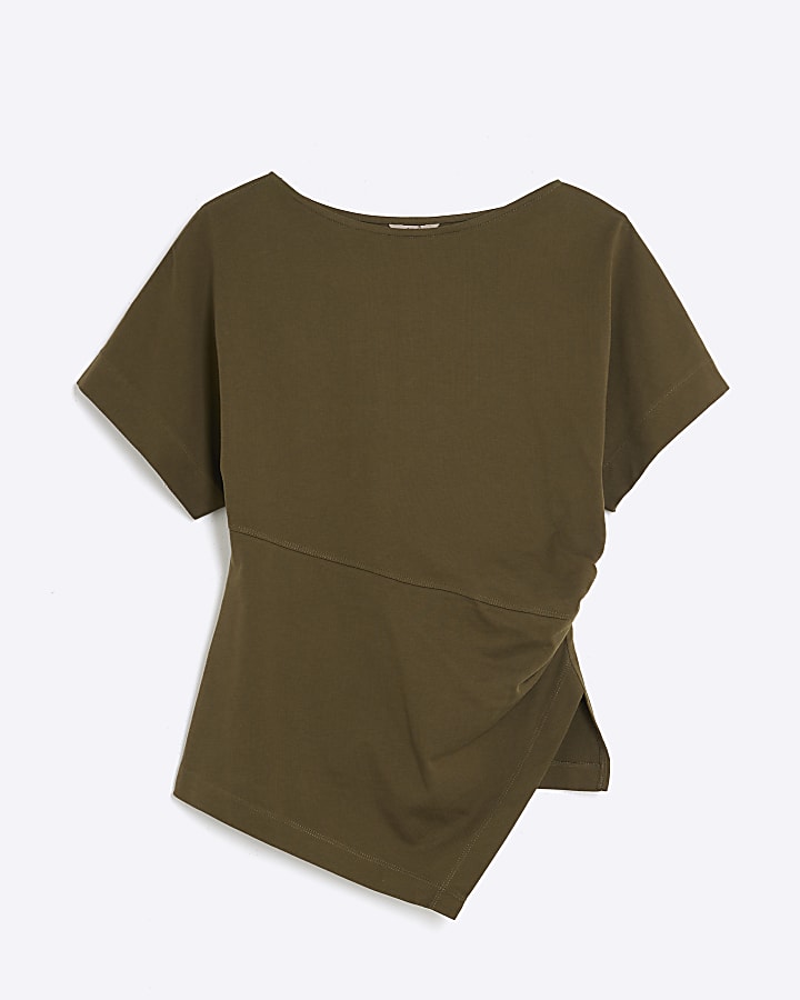 Khaki Short Sleeve Drape Side T-shirt